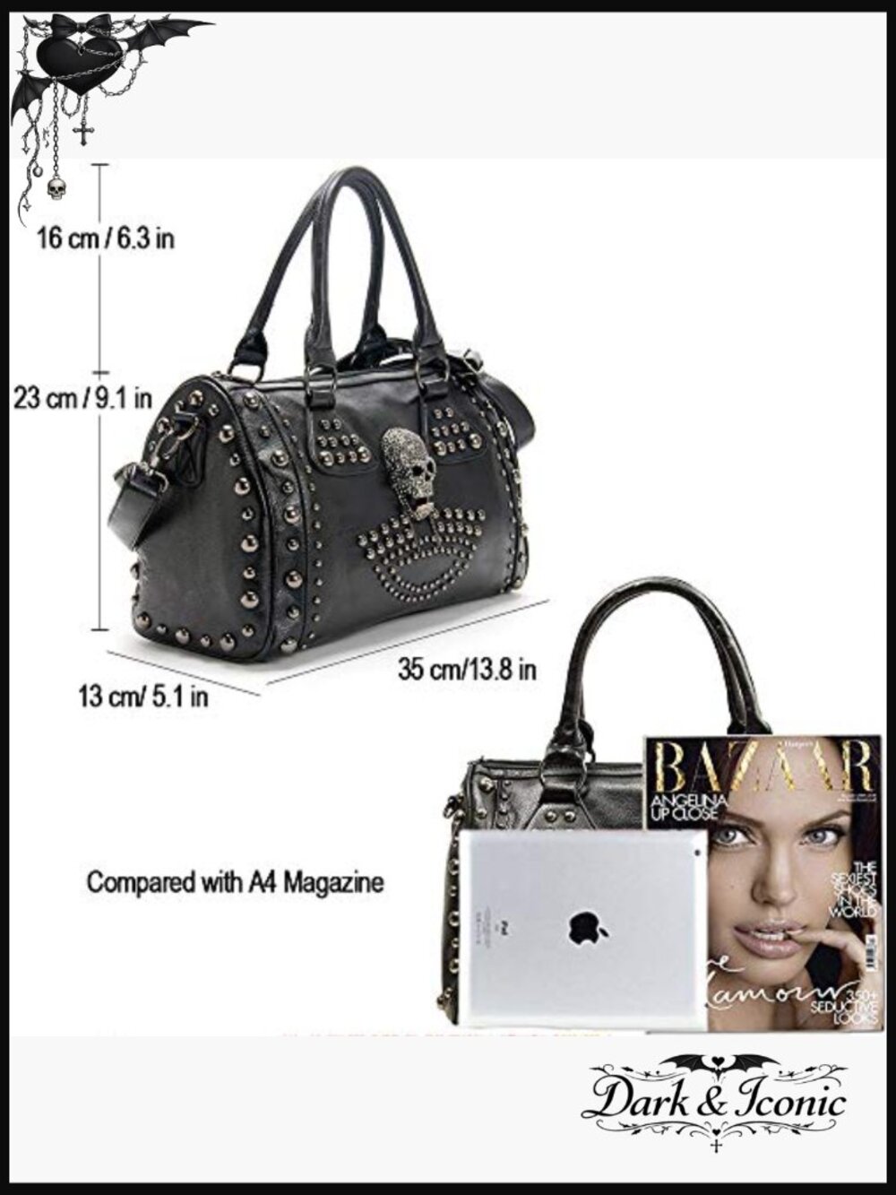 Large Gothic Skull Studded Doctor Handbag Shoulder Crossbody - Picture 5 of 7